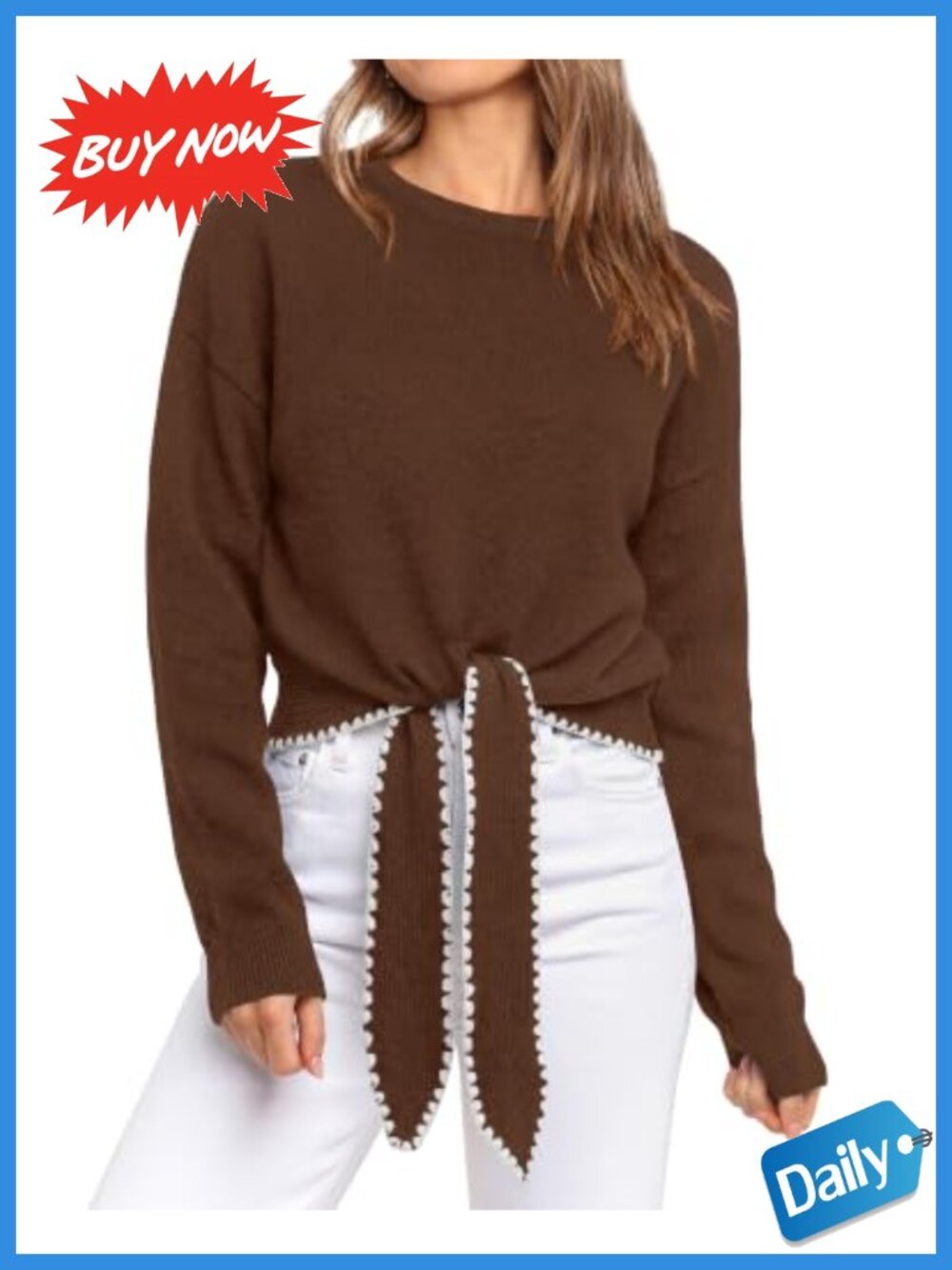 Womens Casual Long Sleeve Tie Front Cropped Sweater Pullover
